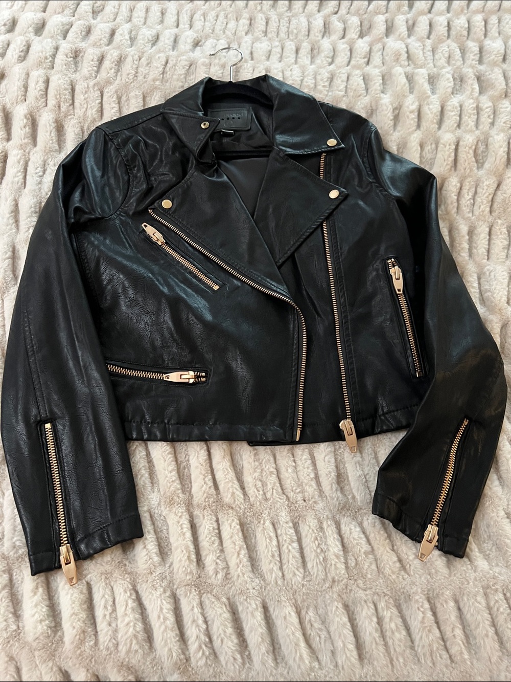 Black Faux Leather Moto Jacket with Gold Hardware